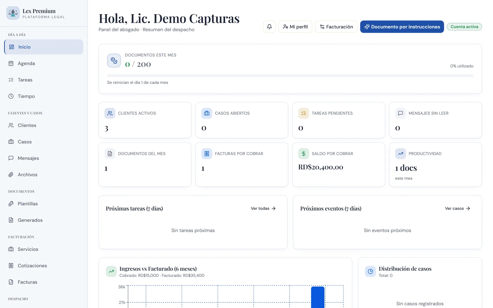 Law Firm Hub: pantalla real del sistema