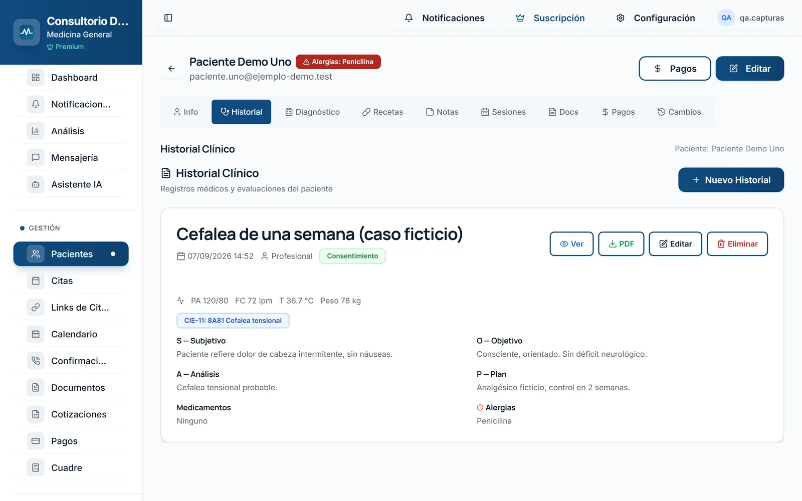 MediGestor: pantalla real del sistema