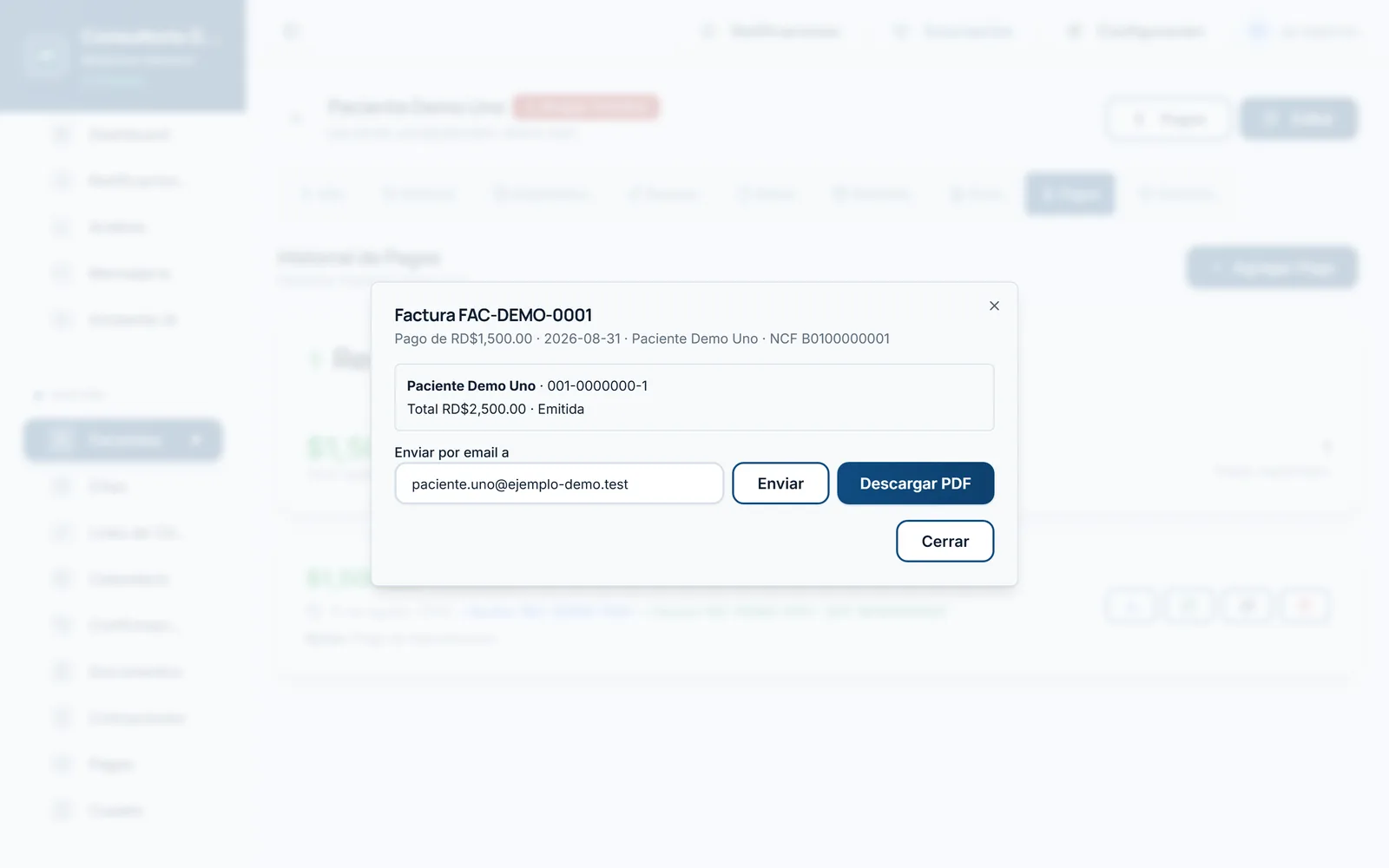 MediGestor: factura con NCF emitida desde el expediente