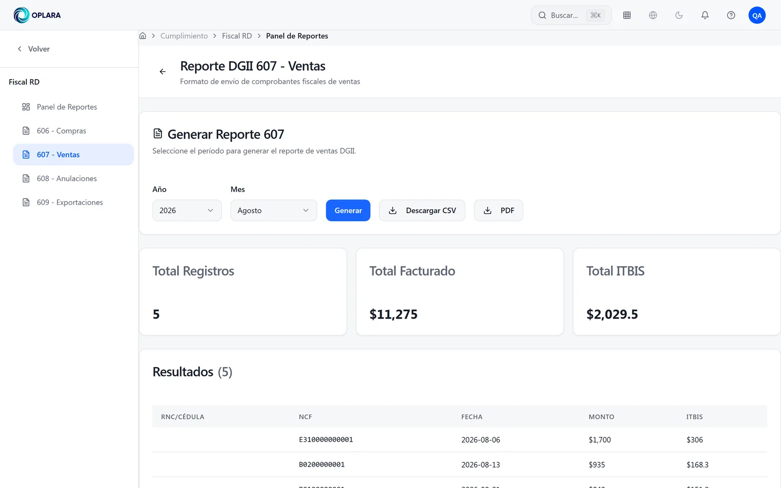 Oplara ERP: reporte 607 generado para la DGII