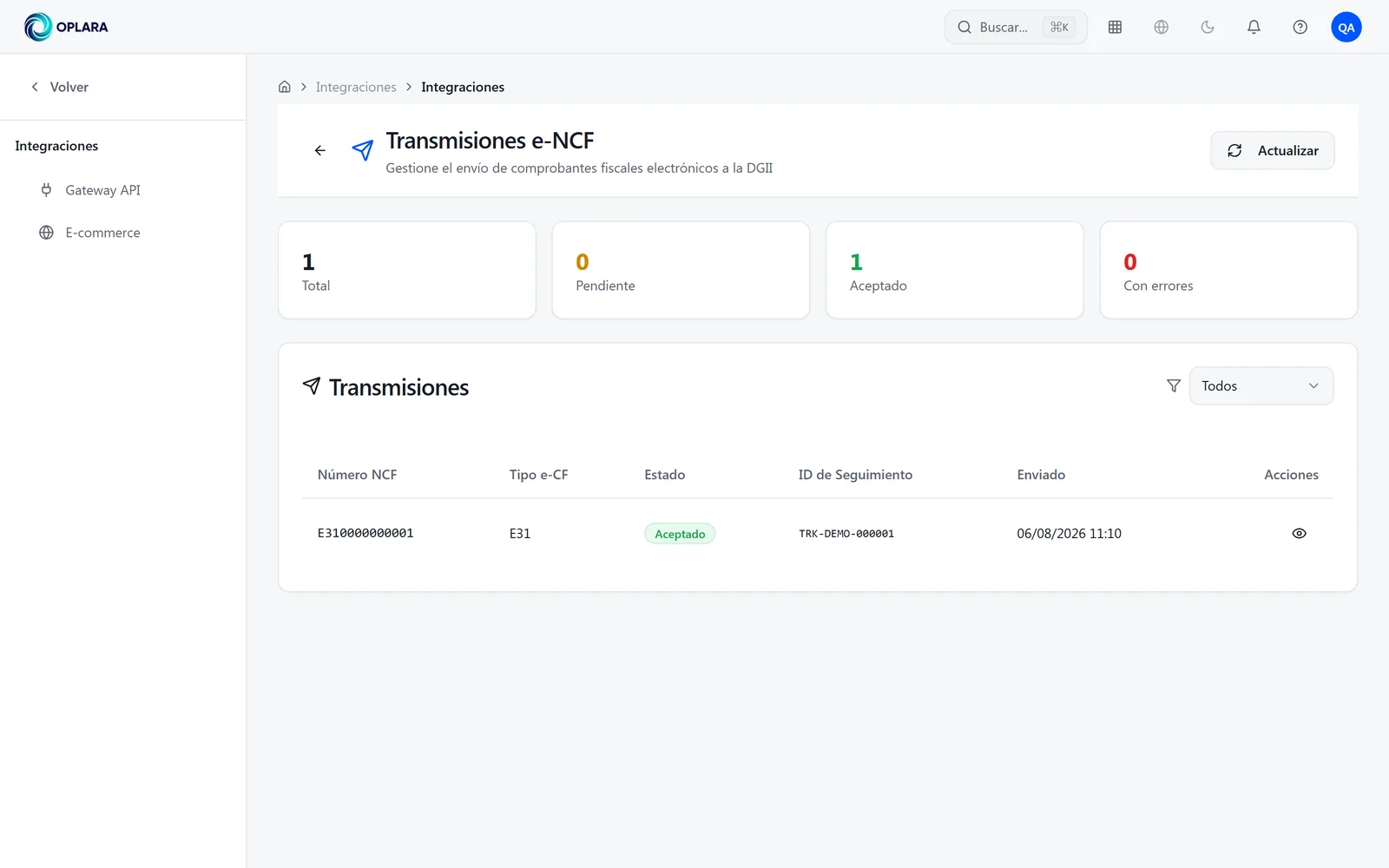 Oplara ERP: transmisiones e-CF aceptadas por la DGII